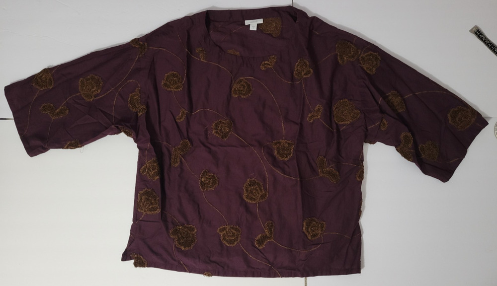 J Jill Pure Jill Womens M Purple Gold Floral Embroidered 3/4 Sleeve Cotton Top